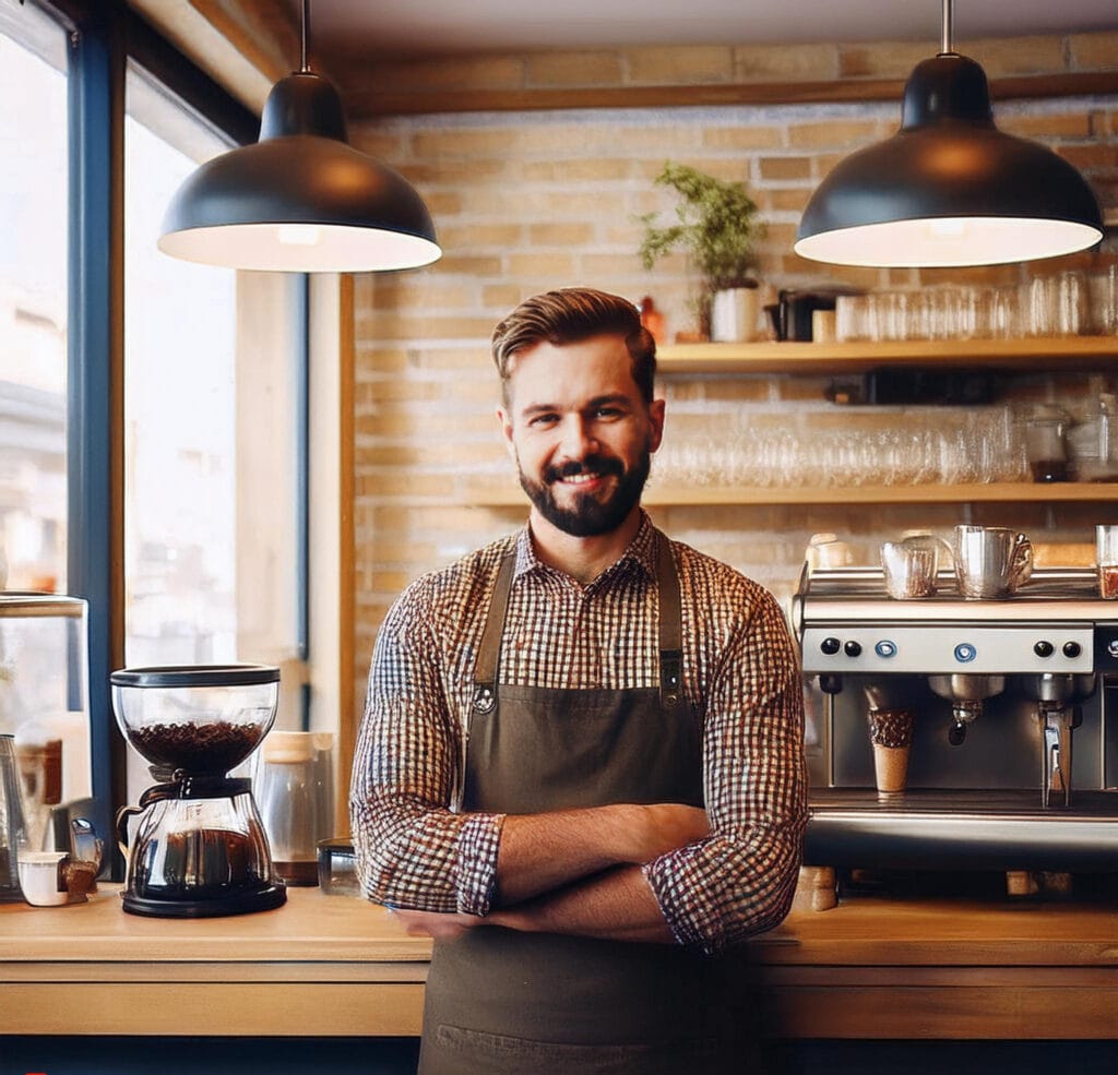 A smiling barista in an apron stands with arms crossed in a stylish café, with an espresso machine and coffee grinder behind him.