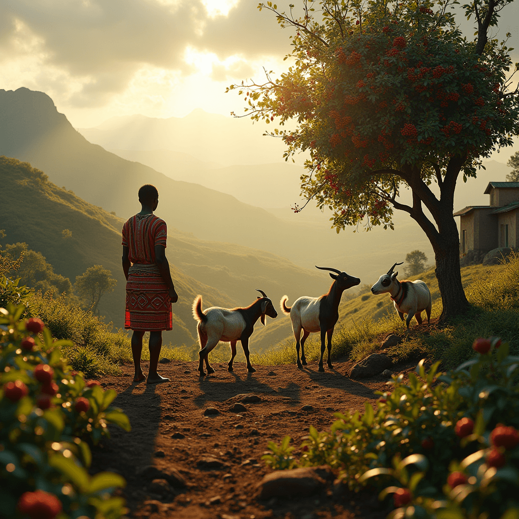 This image depicts a peaceful scene in a hilly region during sunset. A person stands barefoot on a dirt path, gazing at a group of goats grazing nearby. The sunlight filters through the clouds, creating a warm, golden glow. Lush vegetation and a tree with red berries frame the foreground, while distant mountains fade into the background. A simple dwelling is visible on the hillside, enhancing the rural charm of the setting.