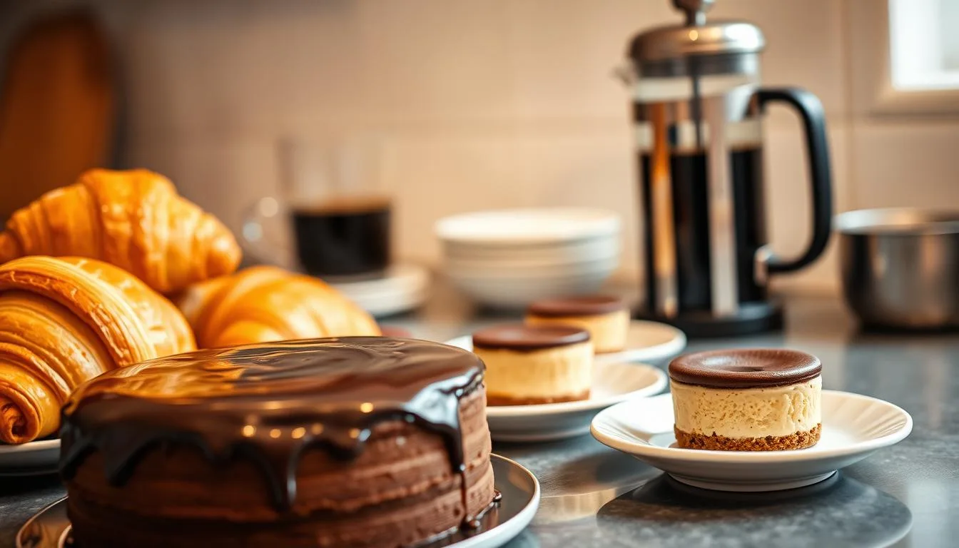 A breakfast spread featuring coffee desserts: a rich chocolate cake, delicate cheesecakes, golden croissants, and a French press filled with freshly brewed coffee.