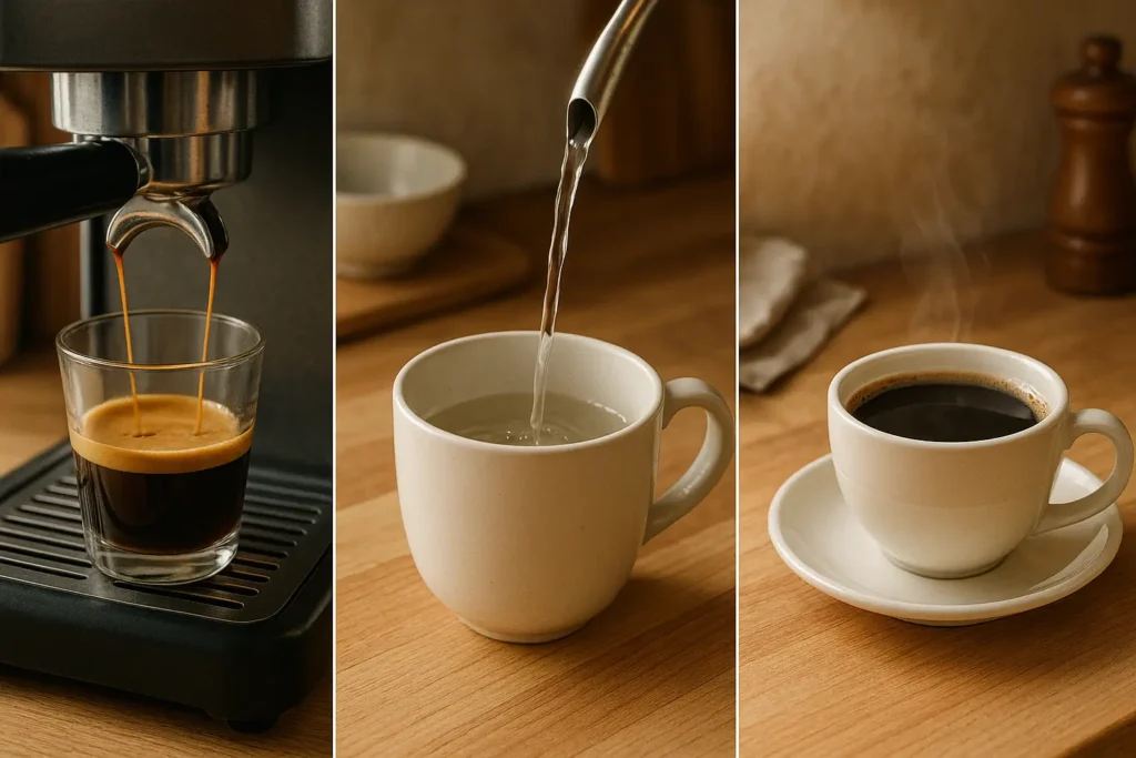 A step-by-step triptych showing espresso being brewed, hot water being poured into a cup, and a finished cup of Americano coffee.
