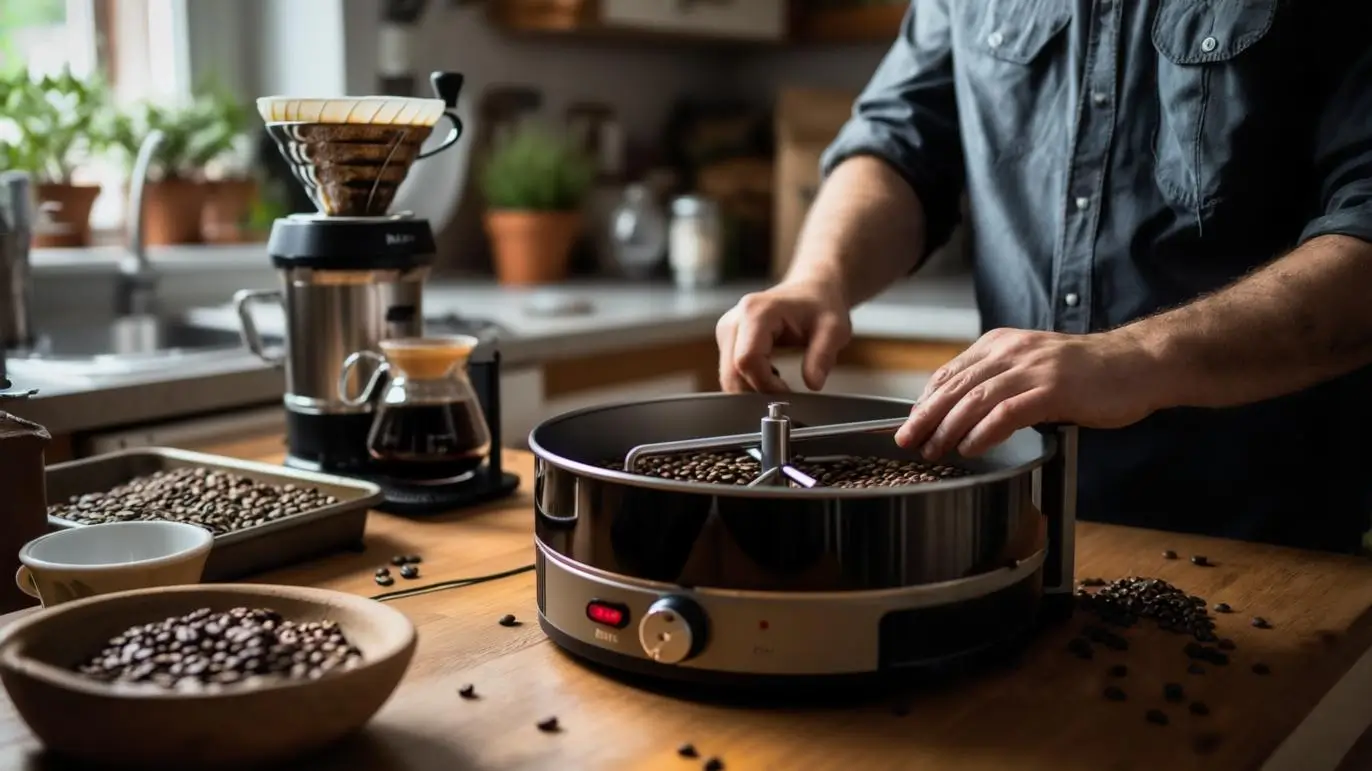 Person roasting coffee beans in a cozy kitchen using a small home drum roaster, with fresh and roasted beans on display.