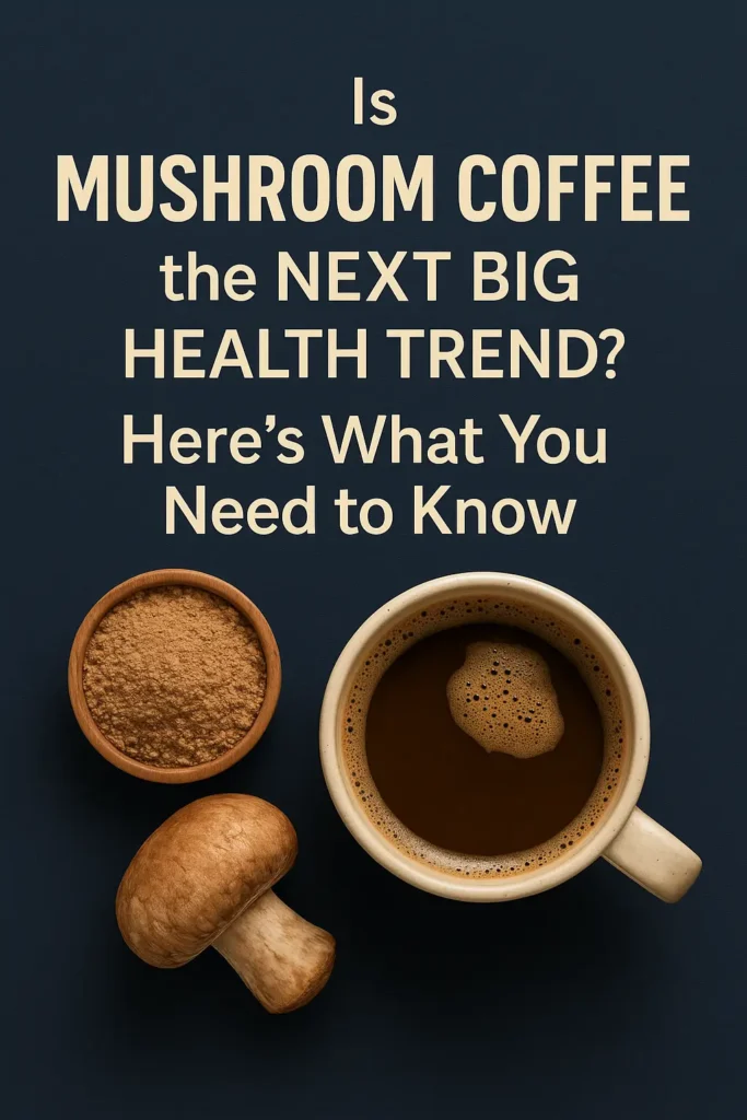 A steaming cup of mushroom coffee in a ceramic cup, placed on a wooden slab with mushrooms and macarons around it.