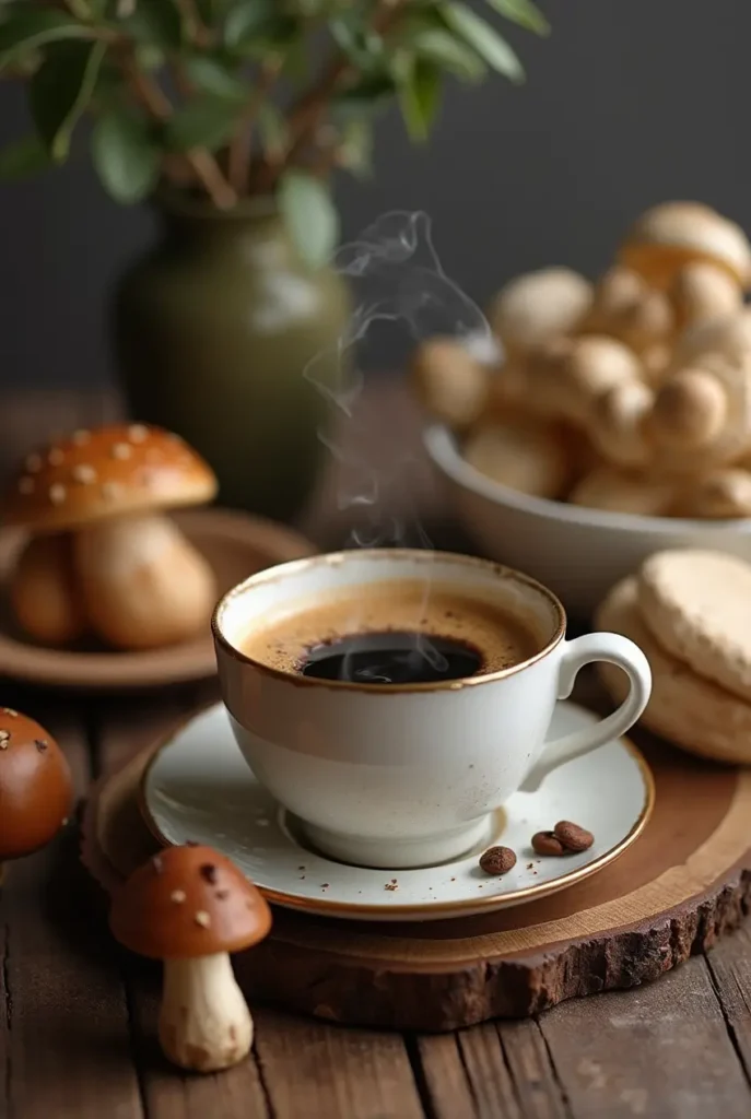A steaming cup of mushroom coffee in a ceramic cup, placed on a wooden slab with mushrooms and macarons around it.