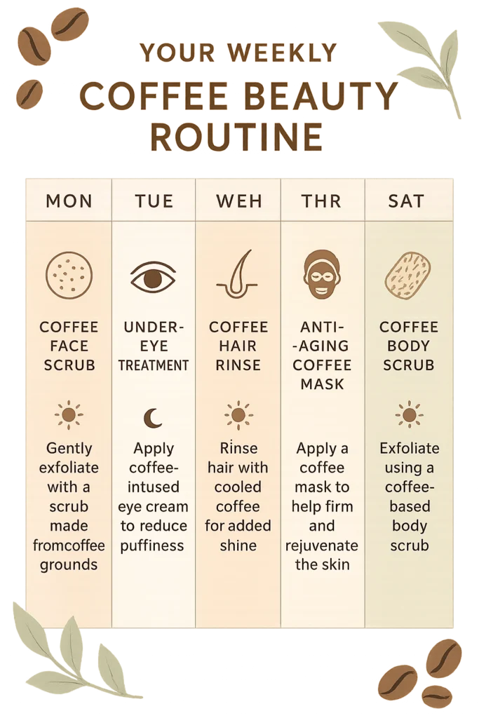 "Weekly schedule for incorporating coffee beauty treatments into skincare and haircare routine"