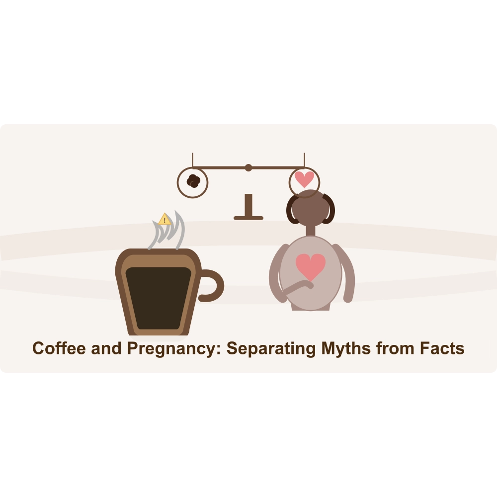 Illustrated concept showing the balance between coffee consumption and pregnancy health with a coffee cup, pregnant woman silhouette, and balance scale symbolizing informed decision-making