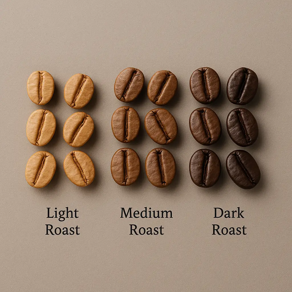 "Coffee roast levels from light to dark showing color progression"