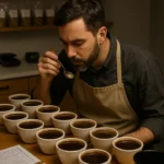 Professional Q-grader conducting coffee tasting evaluation at cupping table