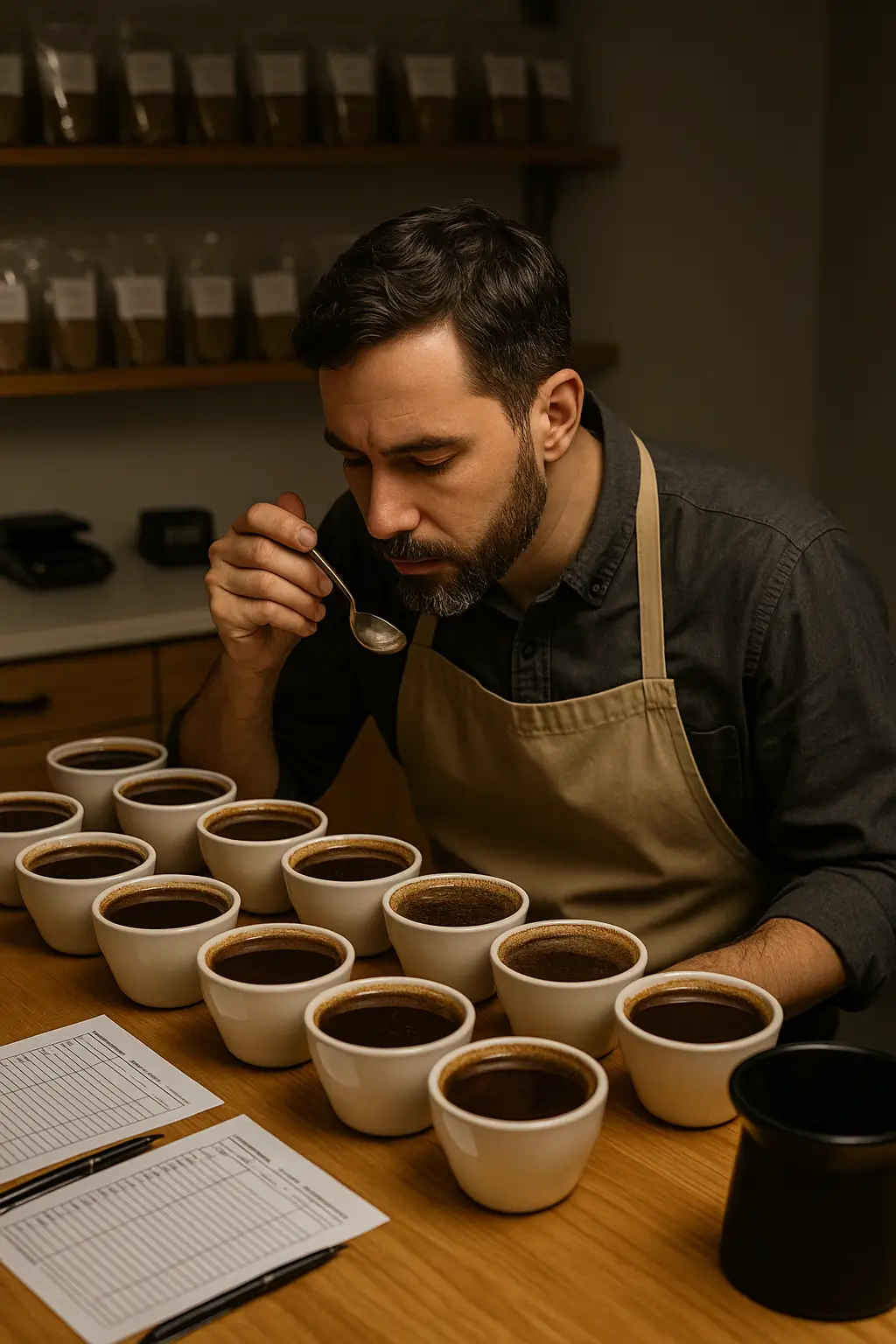Professional Q-grader conducting coffee tasting evaluation at cupping table