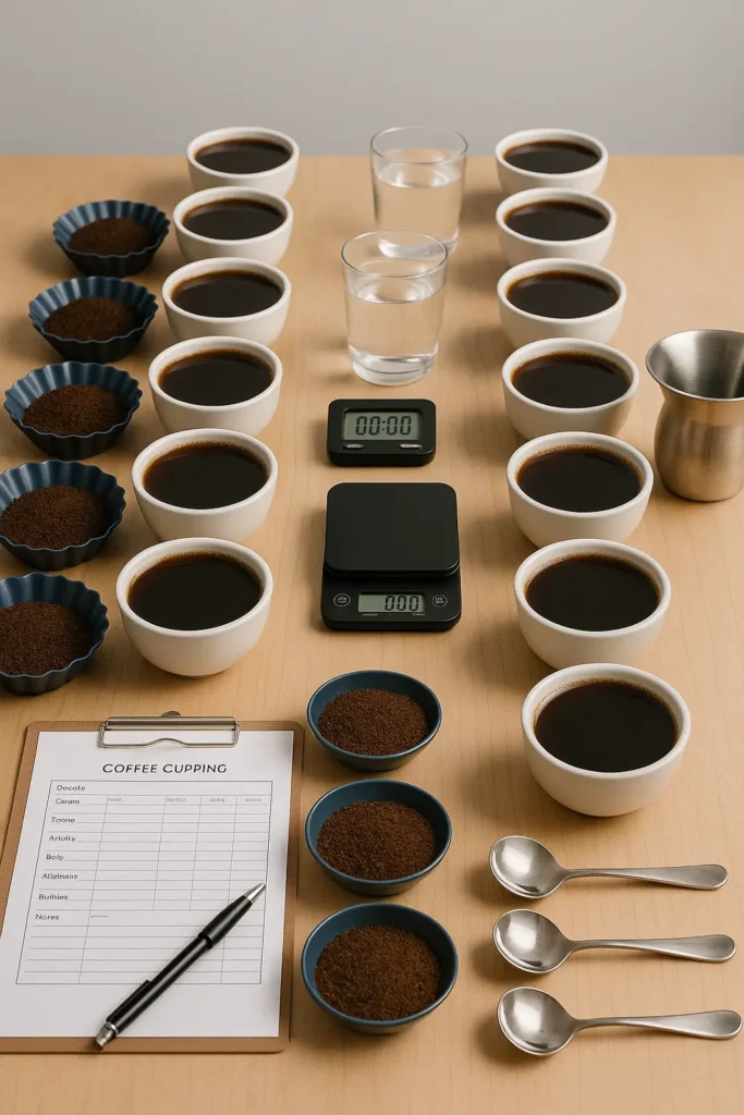 "Professional coffee cupping setup with cups, evaluation forms, and tasting spoons"