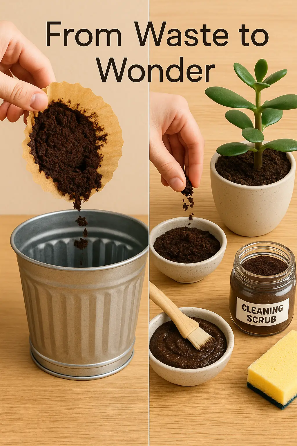 Coffee grounds being repurposed into beauty scrubs, garden fertilizer, and household cleaning solutions