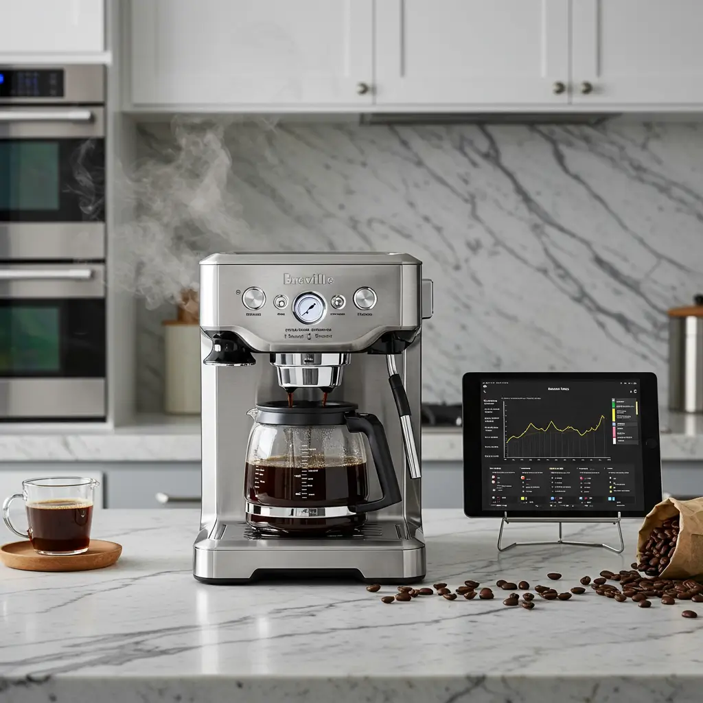 "Breville Precision Brewer smart coffee maker with app control interface on tablet in luxury kitchen"