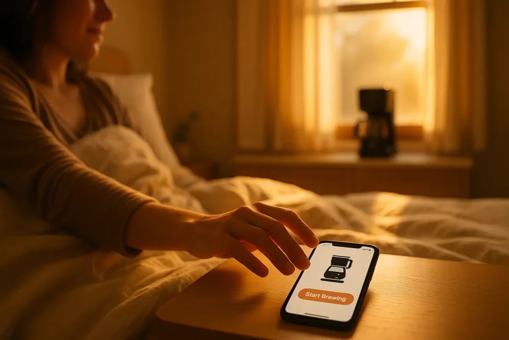 "Person controlling smart coffee maker remotely with mobile app"