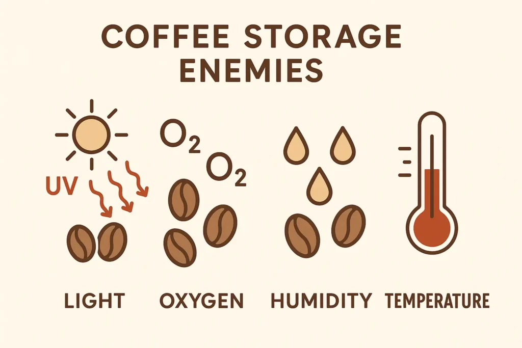 "Coffee storage enemies infographic showing light, air, humidity and temperature effects on beans"