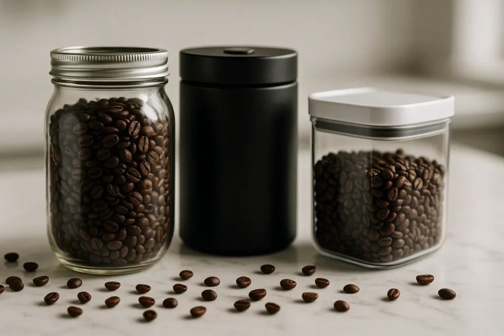 Three stylish coffee containers—glass jar, matte black canister, and clear plastic vacuum-sealed container—filled with whole coffee beans on a marble countertop, with loose beans scattered in the foreground.