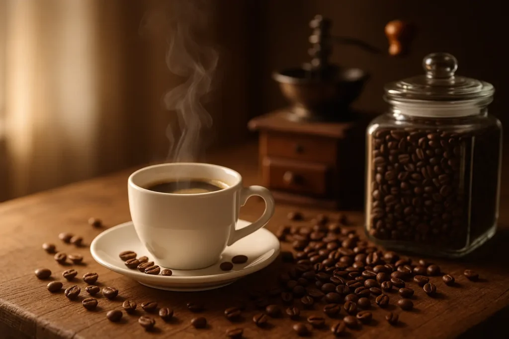 "Perfect cup of coffee with fresh coffee bean showing results of proper storage"
