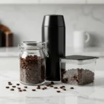 "Coffee bean storage containers including airtight jars and vacuum canisters with fresh roasted beans"