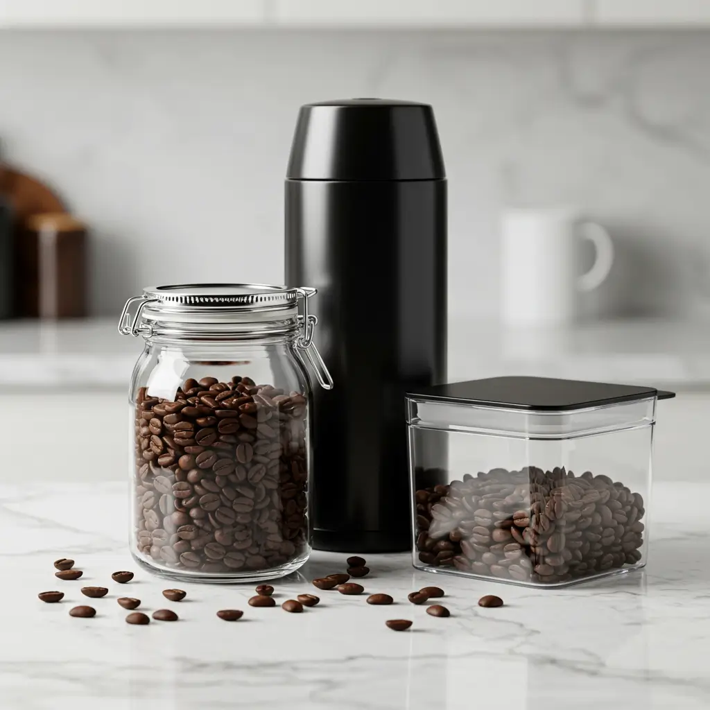 "Coffee bean storage containers including airtight jars and vacuum canisters with fresh roasted beans"