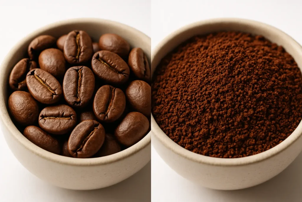 Side-by-side image showing a bowl of whole roasted coffee beans on the left and a bowl of ground coffee on the right, illustrating texture contrast.